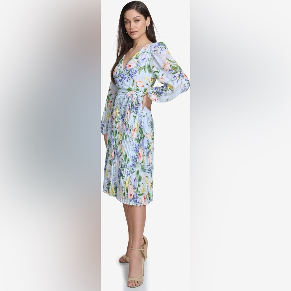 Kensie Blue Floral Burnout Faux Wrap Midi Dress Long Sleeve Size 12